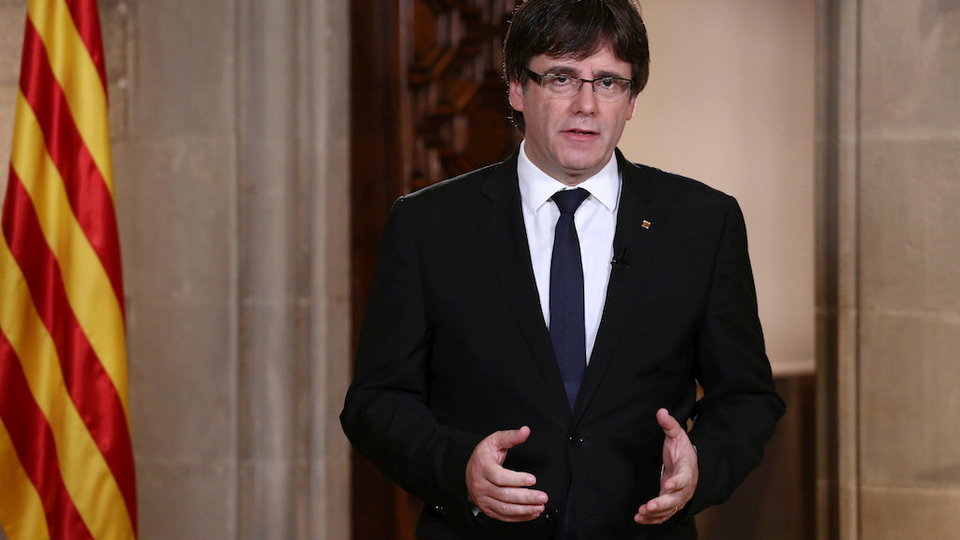 Catalan President Carles Puigdemont speaks during a statement at the Palau Generalitat in Barcelona, Spain, on Wednesday, October 4, 2017.