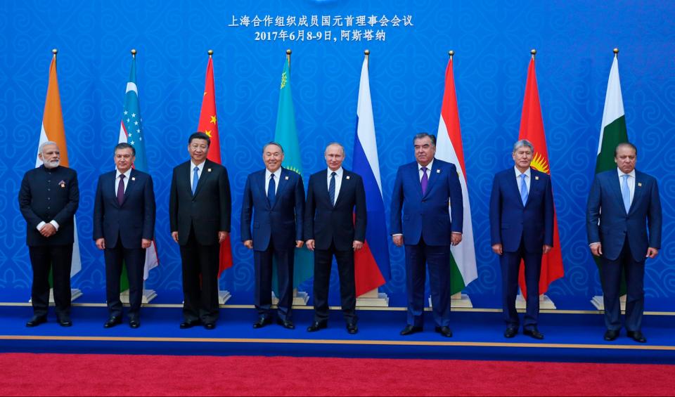 Leaders from SCO member countries pose for a photograph. Turkey became a dialogue partner for the economic and security organization in 2012.
