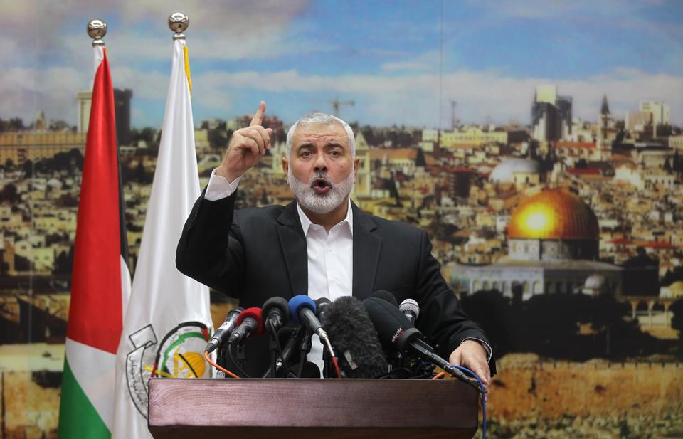 Hamas leader Ismail Haniya gestures as he delivers a speech over US President Donald Trump's decision to recognise Jerusalem as the capital of Israel, in Gaza City on December 7, 2017.